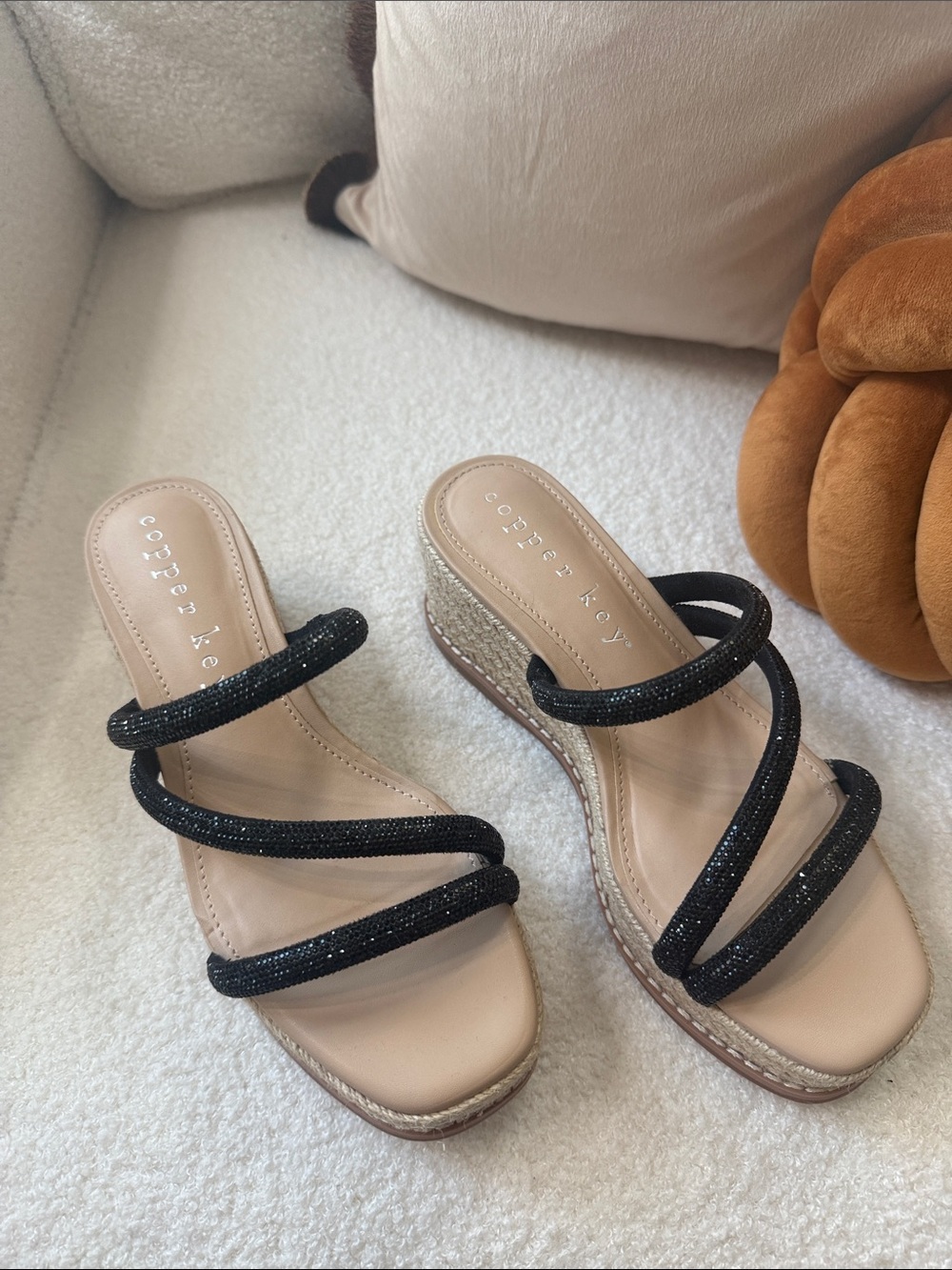 Copper Key sparkling Black Beaded Strappy Espadrille Wedges - never worn